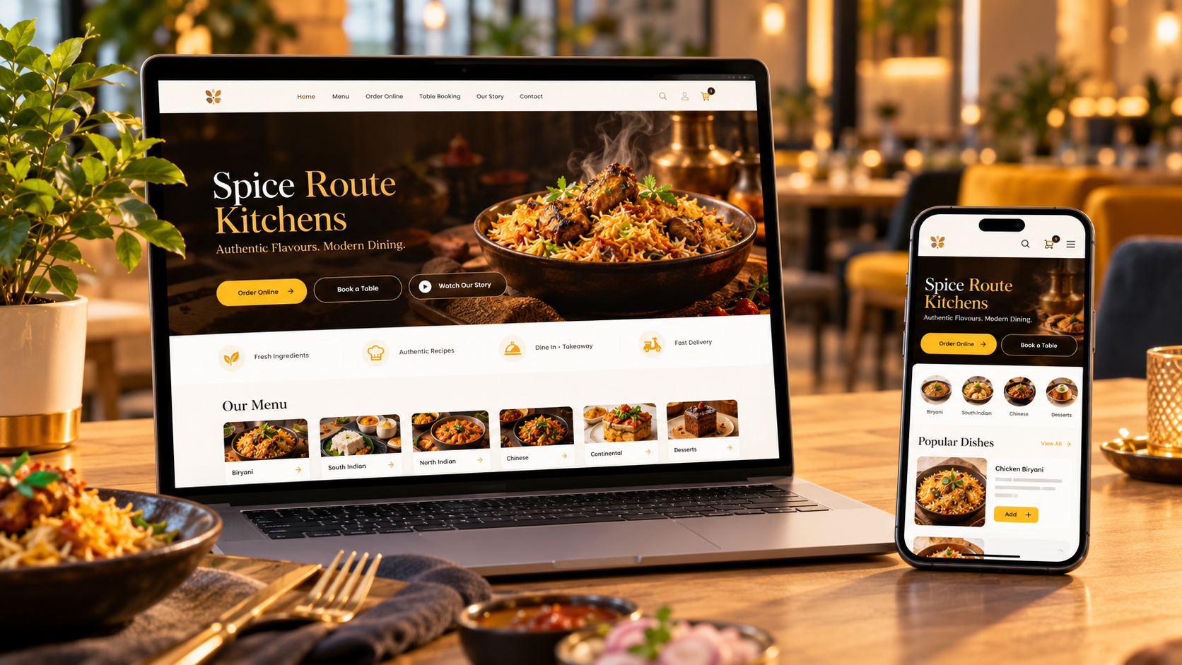 Screenshot of Spice Route Kitchens: Restaurant Website & Online Ordering